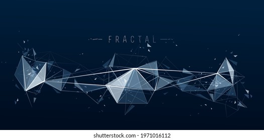 Low poly particles abstract vector background, polygonal fractal design, 3D dimensional element with connected lines, mesh object technology and science theme.