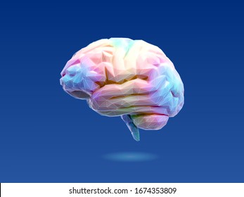 Low poly pastel rainbow color human brain with 3D shading style with glowing wireframe vector illustration isolated on deep blue background