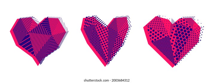 Low poly pattern geometric heart vector icons or logos set, graphic design 3d love theme element, polygonal dimensional heart.
