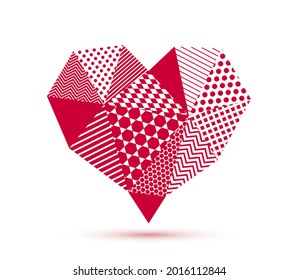 Low poly pattern geometric heart vector icon or logo, graphic design 3d love theme element, polygonal dimensional heart.