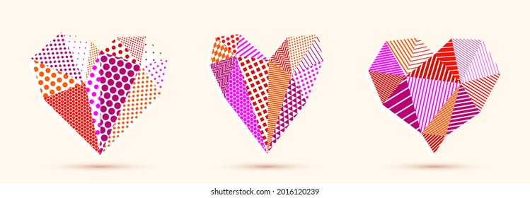 Low poly pattern geometric heart vector icons or logos set, graphic design 3d love theme element, polygonal dimensional heart.