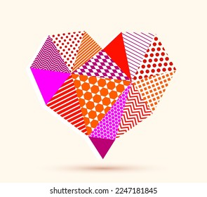 Low poly pattern geometric heart vector icon or logo, graphic design 3d love theme element, polygonal dimensional heart.