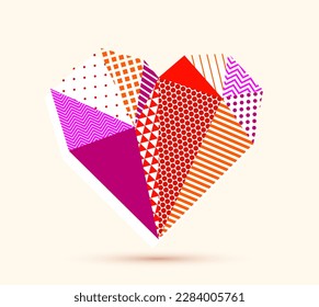 Low poly pattern geometric heart vector icon or logo, graphic design 3d love theme element, polygonal dimensional heart.