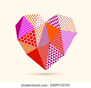 Icono o logotipo del vector del corazón geométrico de bajo patrón de polos, diseño gráfico de elementos del tema del amor 3d, corazón dimensional poligonal.