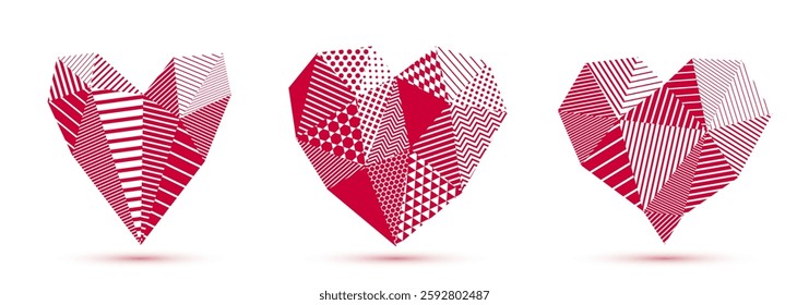 Low poly pattern geometric heart vector icons or logos set, graphic design 3d love theme element, polygonal dimensional heart.