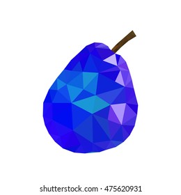 Low poly pear icon. Blue bright closeup sign isolated on white background. Symbol nature, summer, fresh and food, health. Creative fruit. Triangular polygonal shape object. Vector illustration