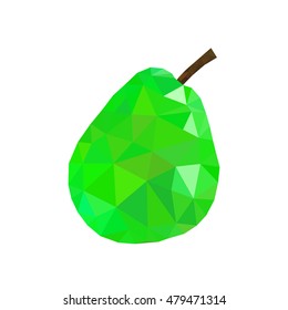 Low poly pear icon. Green bright closeup sign isolated on white background. Symbol nature, fresh and healthy food, health. Creative fruit. Triangular polygonal shape object Vector illustration
