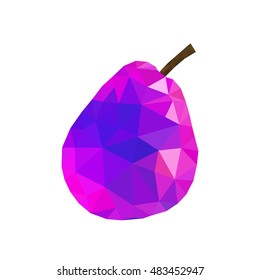 Low poly pear icon. Pink bright closeup sign isolated on white background. Symbol nature, summer, fresh and healthy food, health. Creative fruit. Triangular polygonal shape. Vector illustration