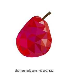 Low poly pear icon. Red bright closeup sign, isolated on white background. Symbol nature, summer, fresh and healthy food. Creative fruit. Triangular polygonal shape object. Vector illustration
