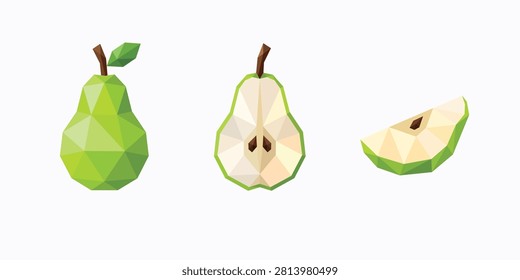 Low Poly Pear Vector Collection – Whole Pear, Half Pear and Pear Slice Geometric Polygon Fruit Illustration