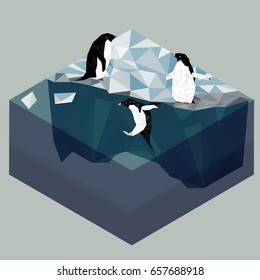 Low poly penguins on iceberg, seascape poster