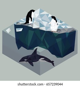 Low poly penguins and orca, seascape poster