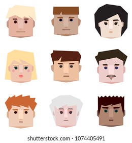 Low poly people faces. Vector set