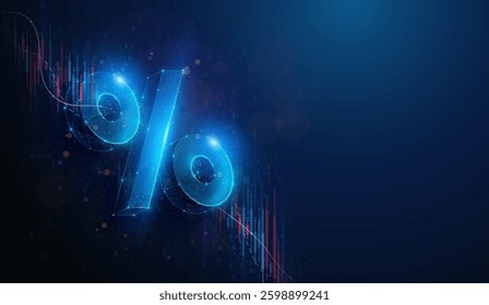 Low Poly Percent Over Stock Market Crash Chart. Abstract geometric illustration on financial market investment interest rate fall down financial concept by wireframe mesh on blue background