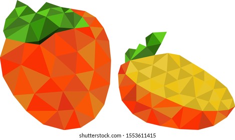 Low poly persimmon, a whole persimmon and a half drawn by triangles