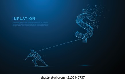 Low poly person pulling dollar sign. Inflation rate, debt management, loss income business or deflation and financial concept. on low Polygonal wireframe background.