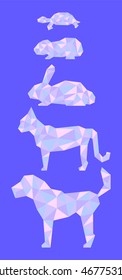 Low poly pets in pink and blue colors. Vertical vector illustration with dog, cat, rabbit, guinea pig, turtle. Domestic animals silhouettes for banner template or digital design. Polygonal animal icon