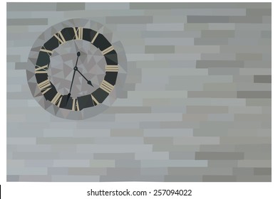 low poly photo of clock hanging on the stone wall 