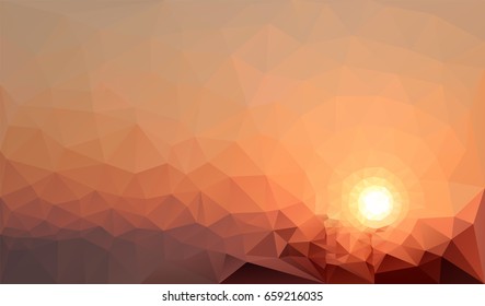 Low poly picture of the crimson sunset in the mountains. Modern trendy triangle geometric style.