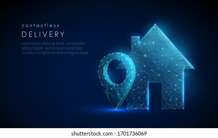 Low poly pin icon near country house entrance. Contactless delivery concept. Epidemic measures during quarantine. Food delivery. 3d graphic Abstract geometric background. Vector illustration