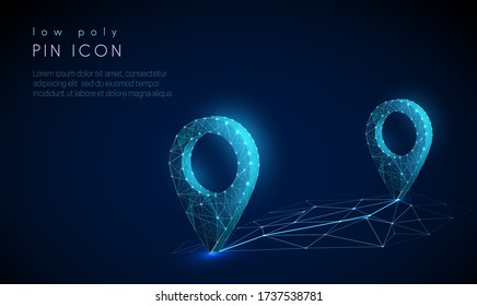 Low Poly Pin Icon On The Abstract Map. Technology Style Design. Geometric Background. Wireframe Light Connection Structure. Modern 3d Graphic Concept. Isolated Vector Illustration.