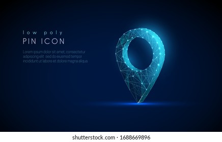 Low Poly Pin Icon. Technology Style Design. Abstract Geometric Background. Wireframe Light Connection Structure. Modern 3d Graphic Concept. Isolated Vector Illustration.