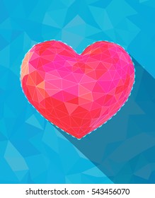 Low poly pink heart symbol with long shadow on blue turquoise background