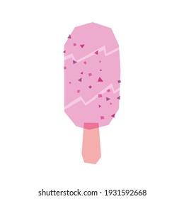 Low Poly Pink Popsicle On White Background With Overprint Blending. Bright Colorful Vector Ice Cream With Crumbs On It.