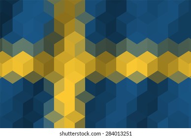 Low poly pixel flag illustration cubic of Sweden waving background 