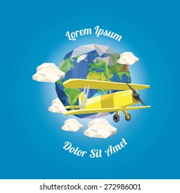 Low poly plane near earth with clouds. vector illustration