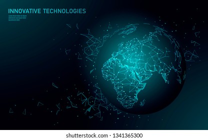 Low poly planet Earth global business connection. Global online network world map Europe Africa continent. International partnership communication polygonal point globalization vector illustration