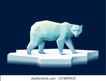 Low poly polar bear on an ice floe against a dark blue background, eps10 vector