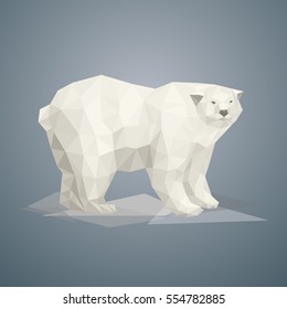 Low poly polar bear. Vector illustration in polygonal style. Beautiful animal on gray background.
