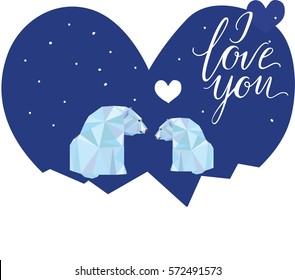 Low poly polar bears sitting on ice and looking each other. Good for Valentine's day card. Vector illustration