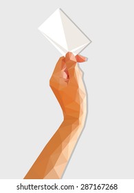 low poly polygon hand holding a business card or classified vertical orientation.