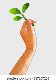 low poly polygon hand holding a green sprout leaves vertical orientation.