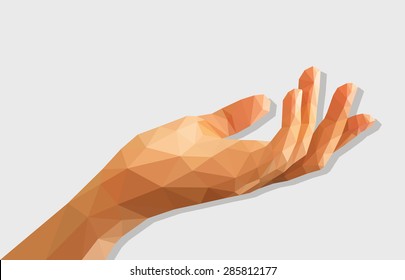 low poly polygon left hand cupped disclosed isolated blank.