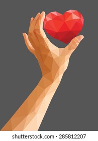 low poly polygon left hand holding a heart cartoon vertical orientation.