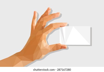 low poly polygon left hand holding a business card.
