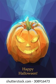 Low poly polygon pumpkin for Halloween on a blue background. Cool spooky poster.Vector illustration eps 10