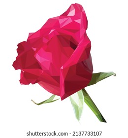 low poly polygon rose pink flower isolated on green stem romance. Vector stock illustration isolated on white background.
