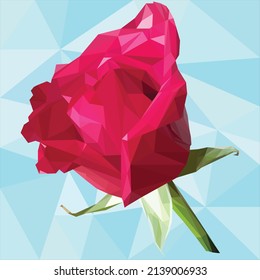 low poly polygon rose pink flower isolated on green stem romance. Vector stock illustration isolated on white background.