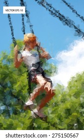 Low Poly , Polygonal  Eps 10 Vector Background Image Of A Little Girl Going Through A Ropes Course