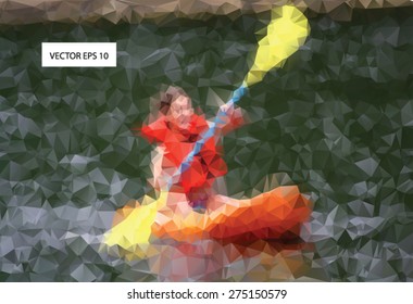 Low poly , polygonal EPS 10 vector background image of a little girl kayaking on a lake on a nice summer day