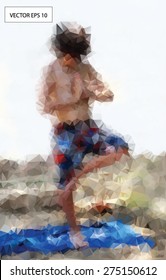 Low Poly ,  polygonal eps 10 vector image of a little boy doing yoga in the sand on a beach