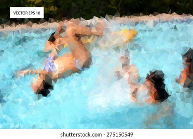 Low poly , polygonal vector EPS 10 background image of teen girls doing a flip in a pool on a  hot summer day