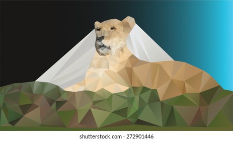 Low poly / polygonal vector of a female lion resting on a hillside