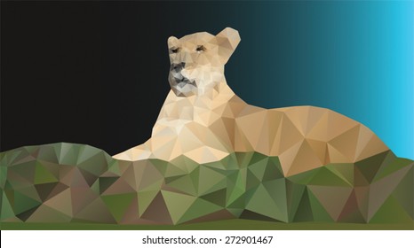 Low poly / polygonal vector of a female lion resting on a hillside