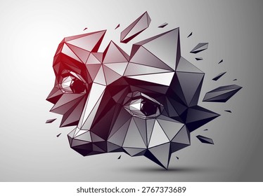 Low poly portrait exploring fear, vulnerability and loss of identity, a human emotional state dissolving inside a digital, fragmented reality of modern world with developing AI technologies.