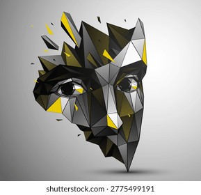 Low poly portrait exploring fear, vulnerability and loss of identity, a human emotional state dissolving inside a digital, fragmented reality of modern world with developing AI technologies.